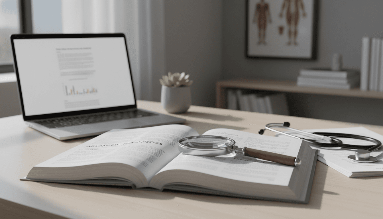 Open medical journal with magnifying glass on a clinician's desk
