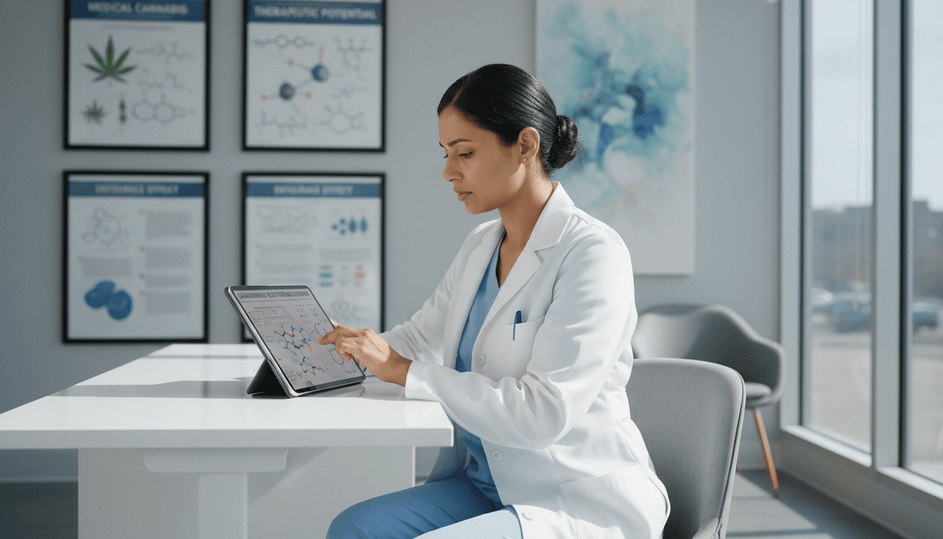 Professional female doctor reviewing medical research on a tablet in a modern, bright clinic