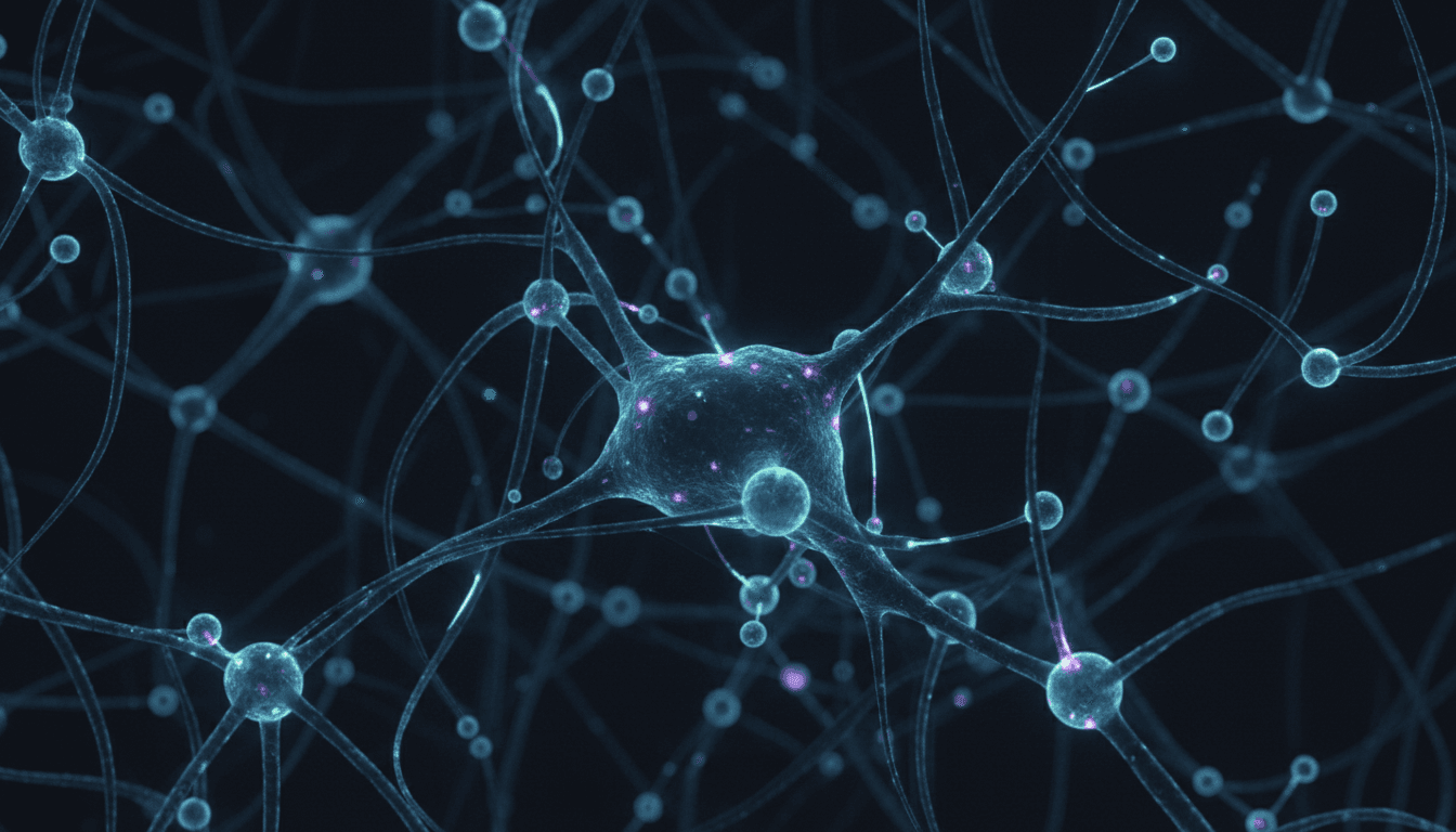 Close-up of human brain neural network with glowing receptor nodes on dark background