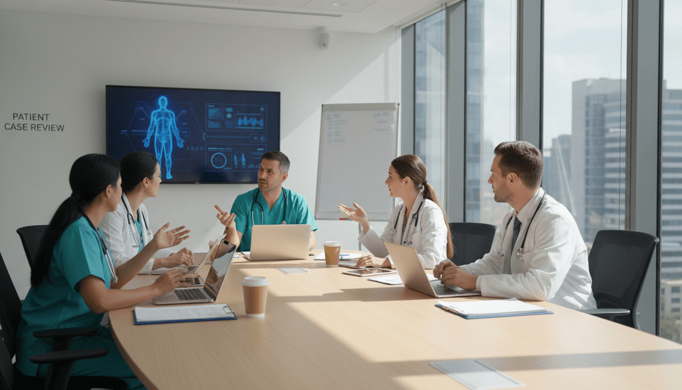 Healthcare team discussing a patient case in a bright medical conference room