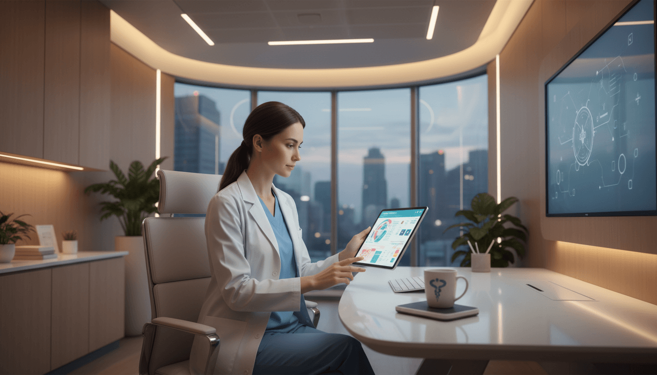 Healthcare professional reviewing medical charts on tablet in modern clinical office