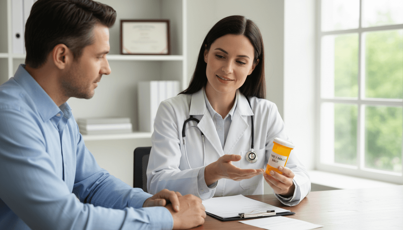 Doctor explaining dosage instructions to a patient holding a prescription bottle