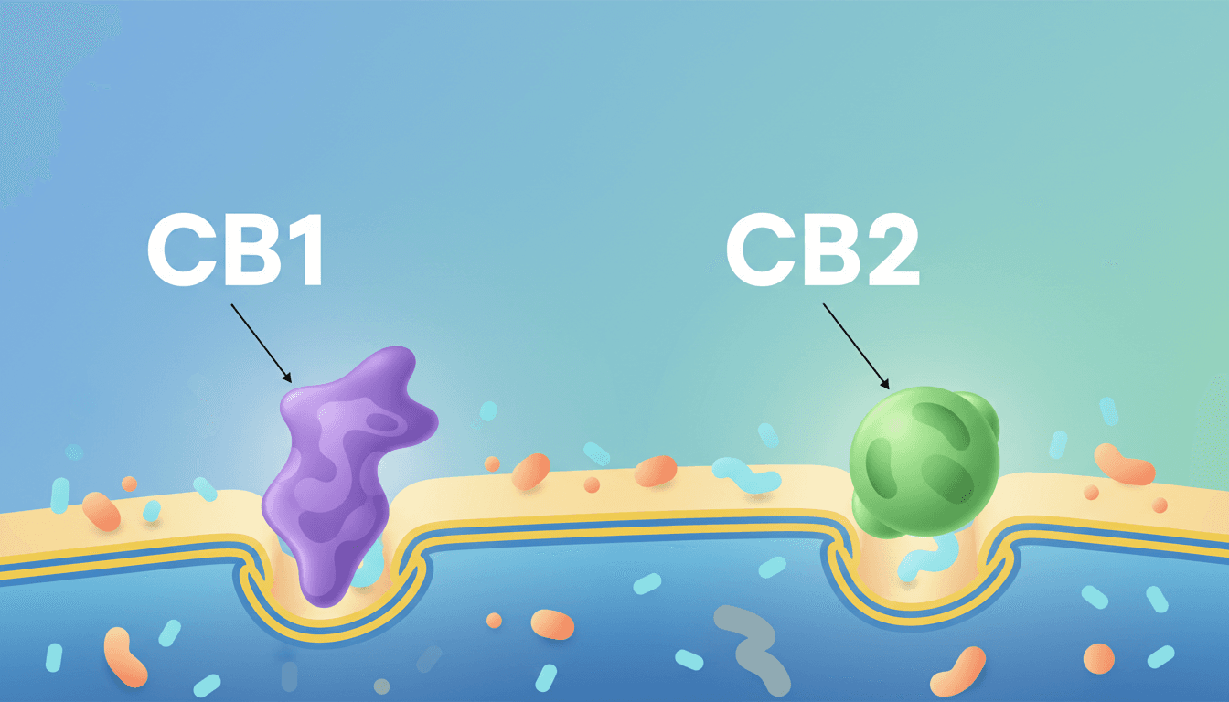 Digital illustration of cannabinoid receptor cells with labeled CB1 and CB2 in scientific style