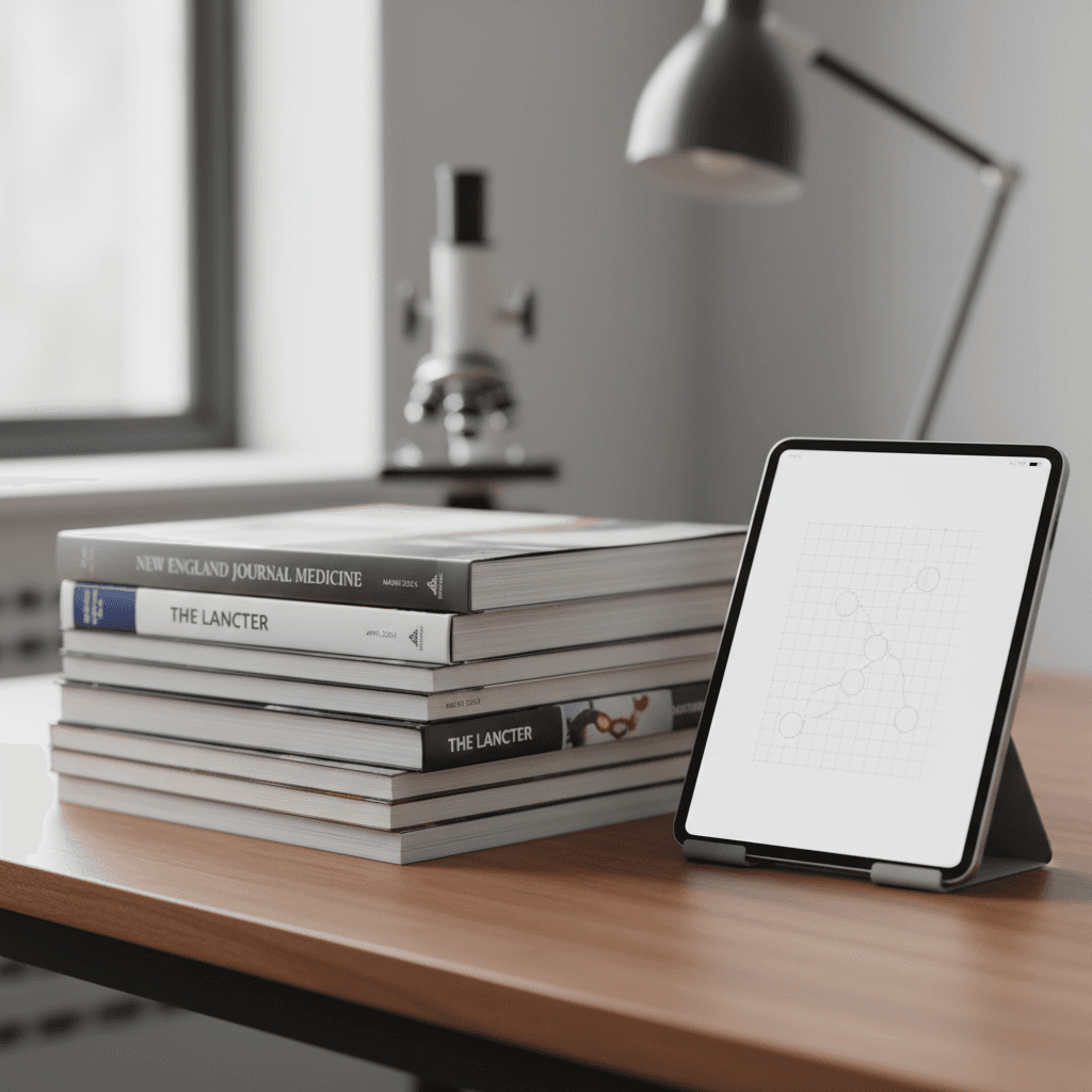 A stack of medical journals on a desk beside a tablet showing a blank diagram screen