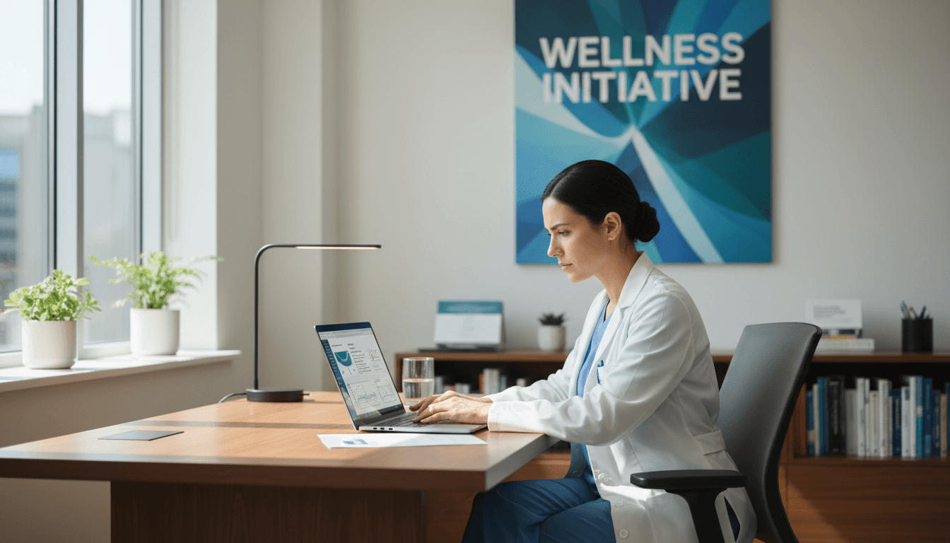 Physician reviewing clinical cannabis research on a laptop in a modern medical office