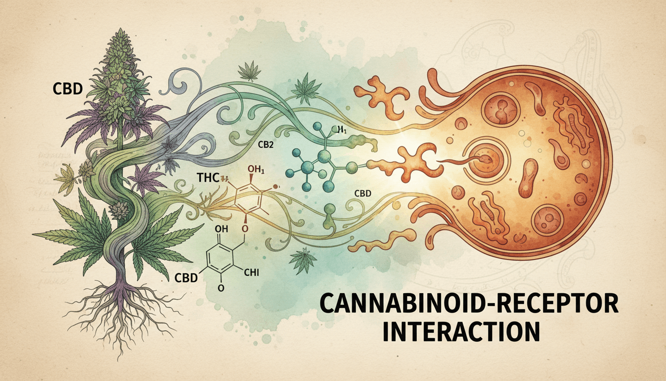 Botanical illustration of cannabis plant molecules interacting with human cell receptors