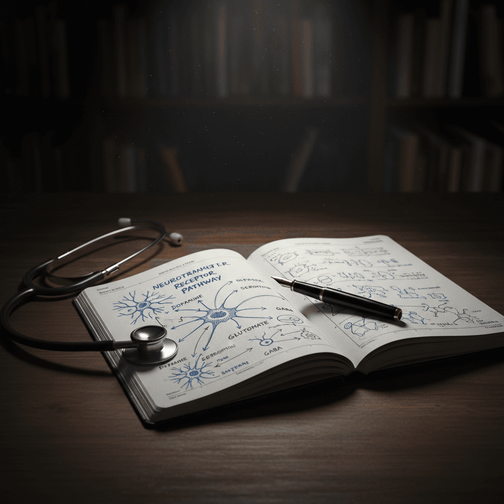 Hand-drawn receptor diagrams in a medical notebook with a stethoscope and pen on a wooden desk