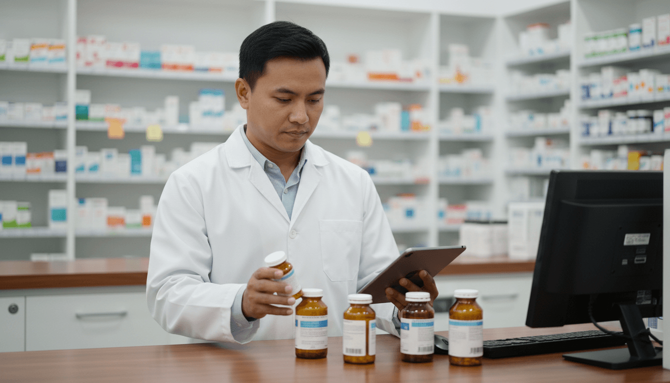 Pharmacist in a white coat reviewing prescription bottles at a pharmacy counter