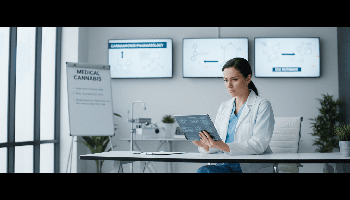 Physician reviewing clinical data on a tablet in a modern clinic with cannabis education materials.