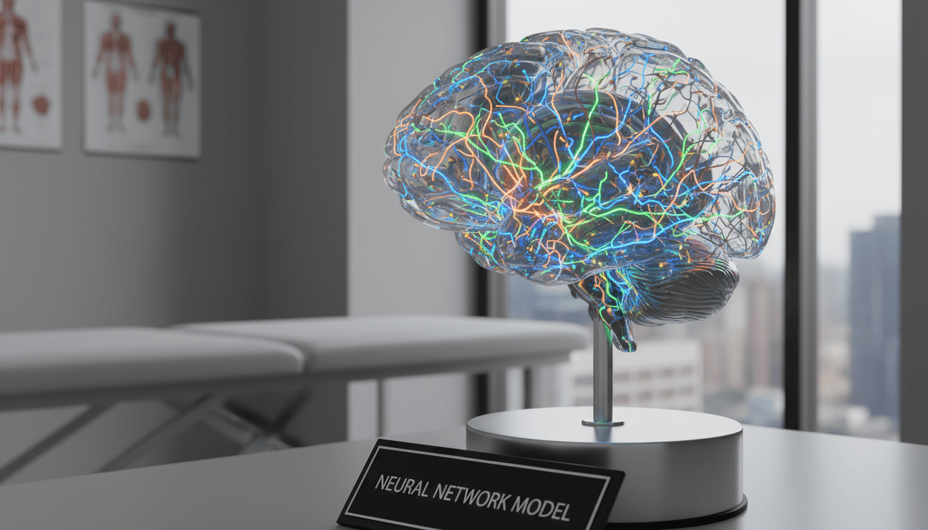 Close-up of a human brain model with neural pathways illuminated