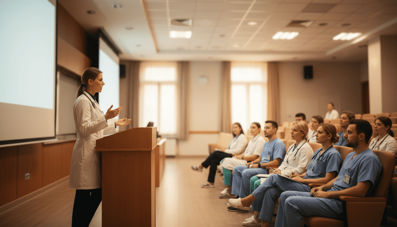 Clinician presenting to healthcare professionals in a modern lecture hall