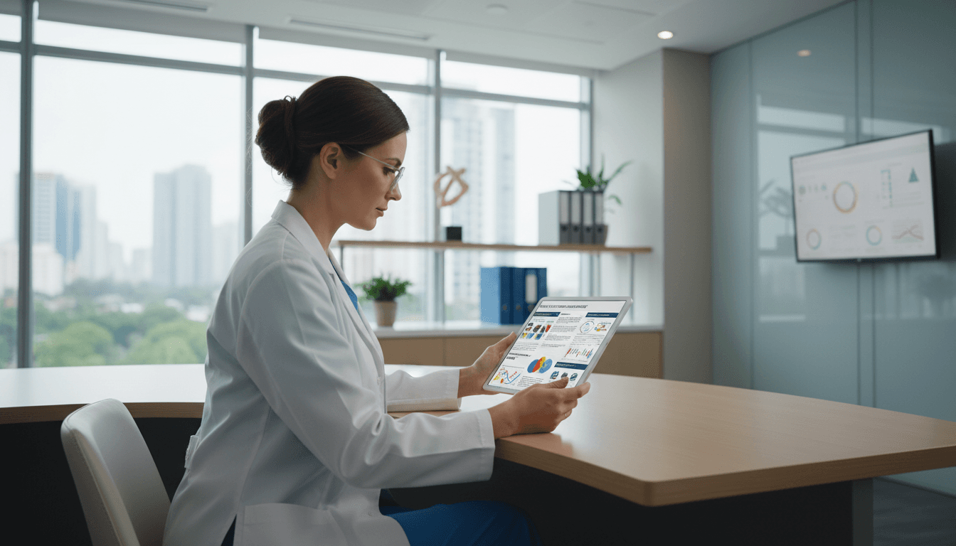 Medical professional reviewing research articles on tablet in modern clinical office