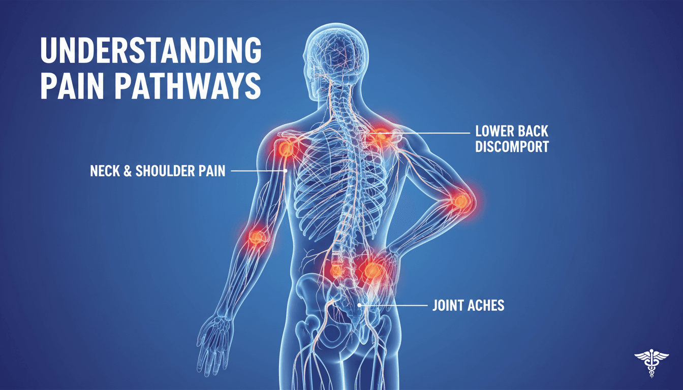 Medical infographic showing human body silhouette with highlighted pain points and nervous system pathways