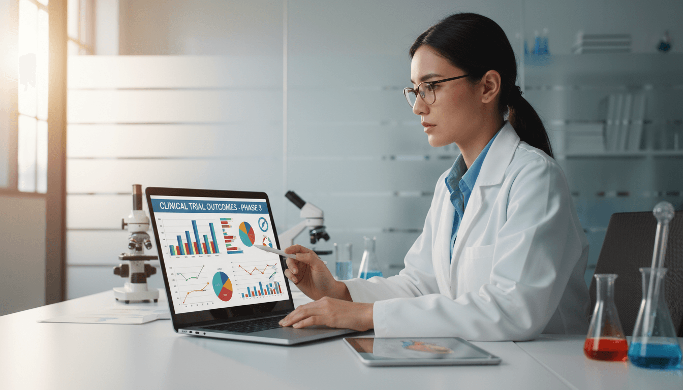 Medical researcher analyzing clinical data on a laptop with charts on the screen