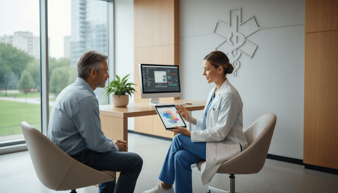 Doctor using a tablet while consulting with a patient in a modern clinic room