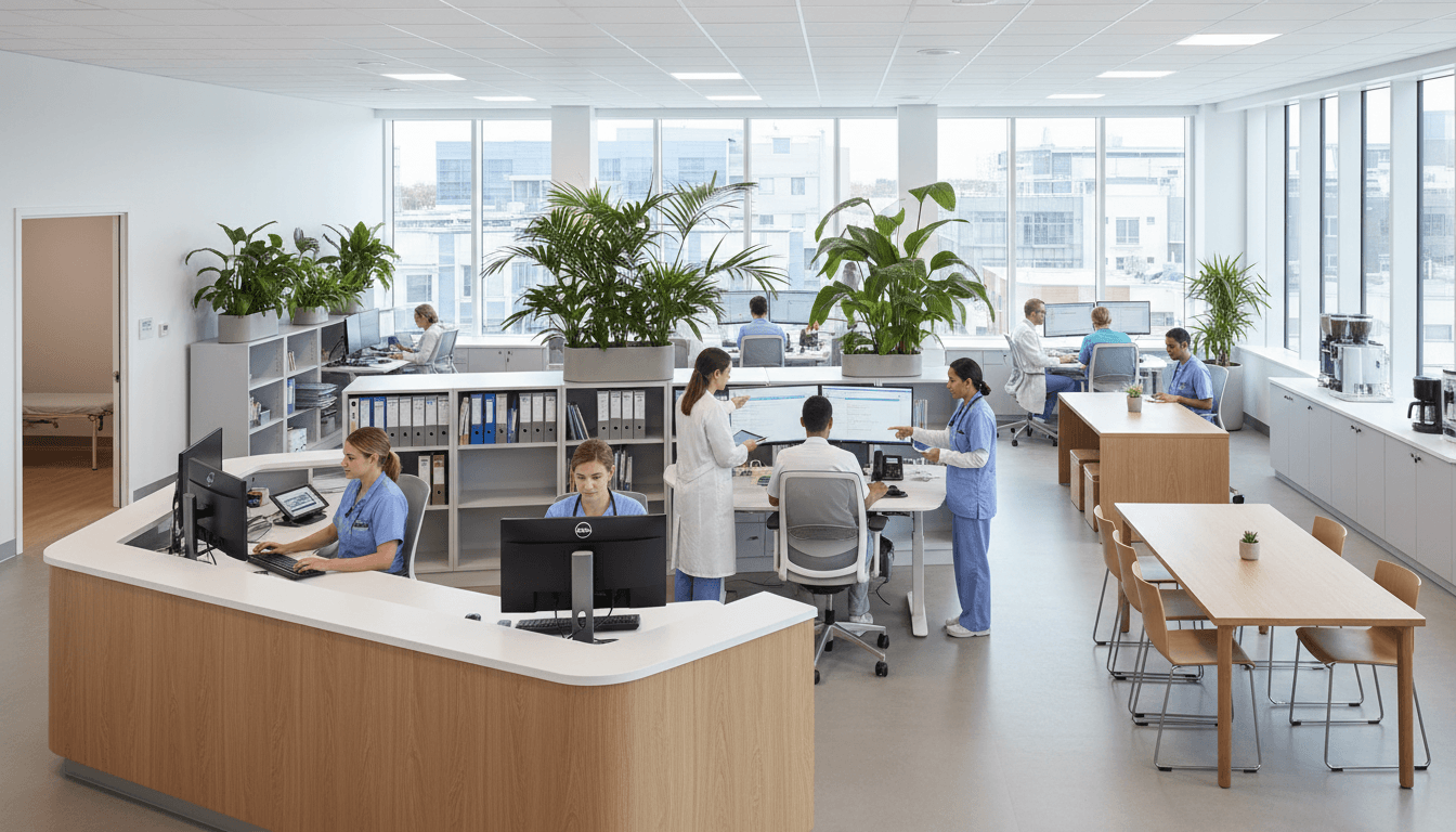 Medical practice administrative team collaborating at workstations in modern, naturally-lit office managing patient scheduling and communications