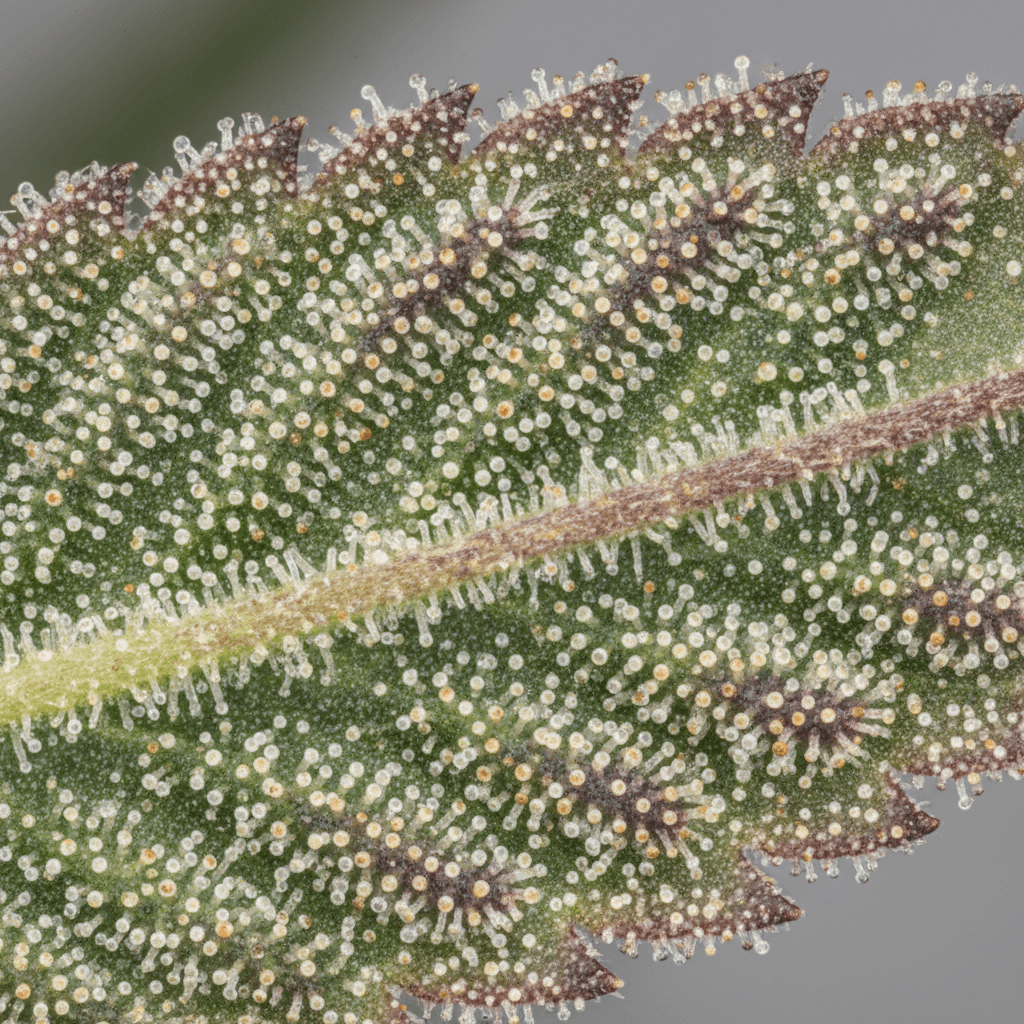 Macro photography of cannabis plant trichomes and leaf structure showing genetic characteristics and quality markers in sharp detail