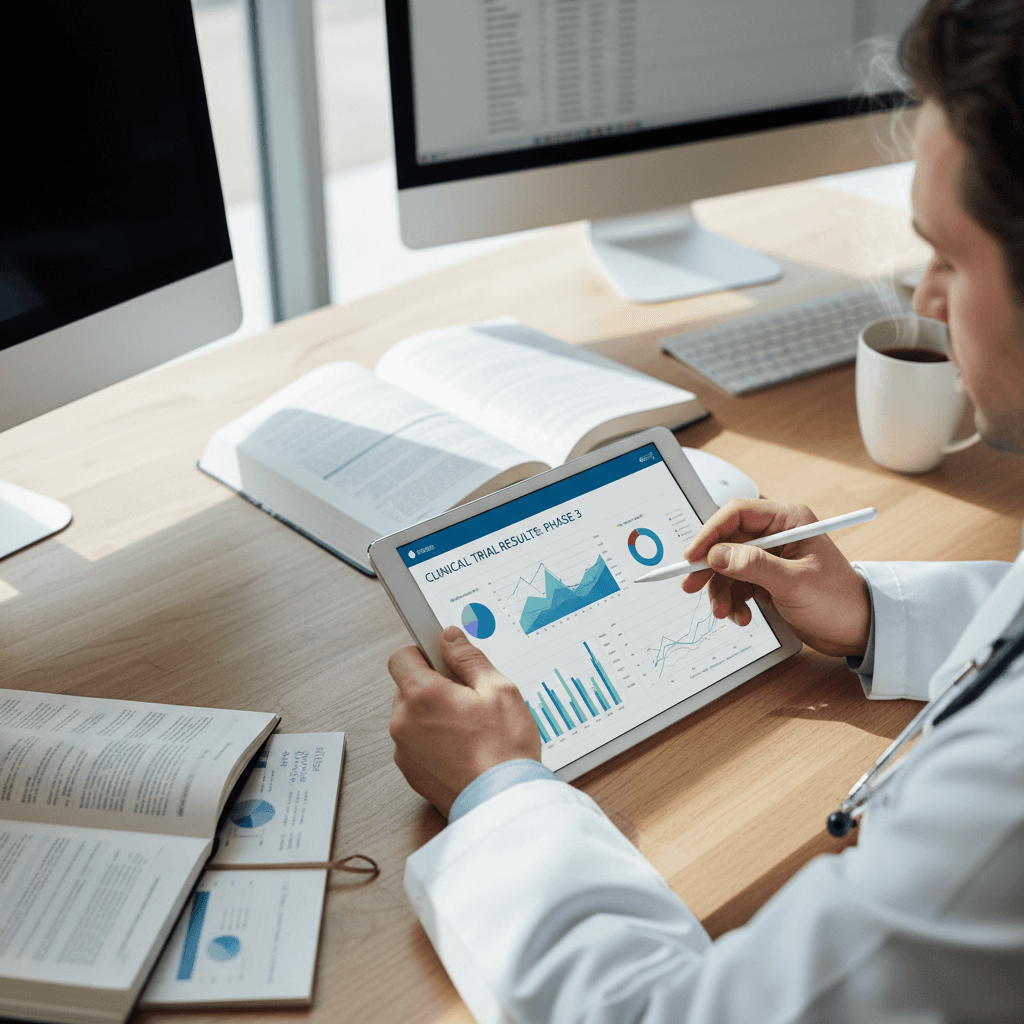 A healthcare professional reading evidence-based research on a tablet in a clean, contemporary office