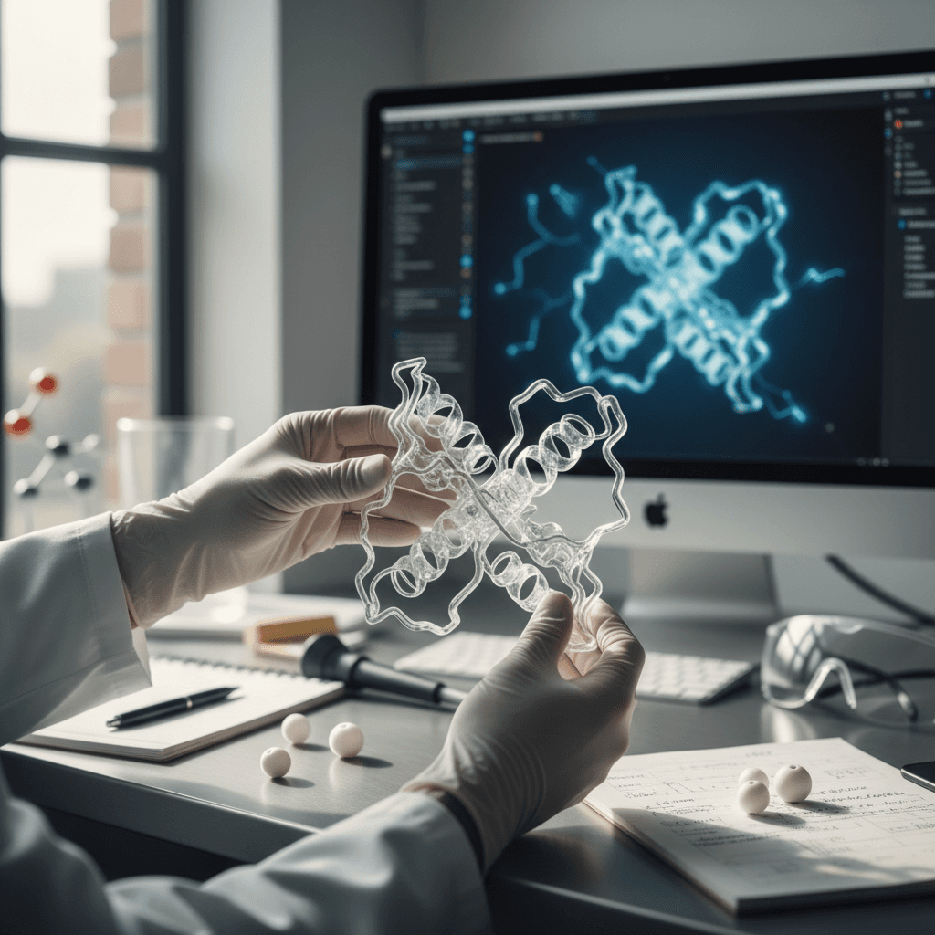 Researcher's hands examining a transparent 3D molecular model at laboratory workstation with protein structure displayed on monitor