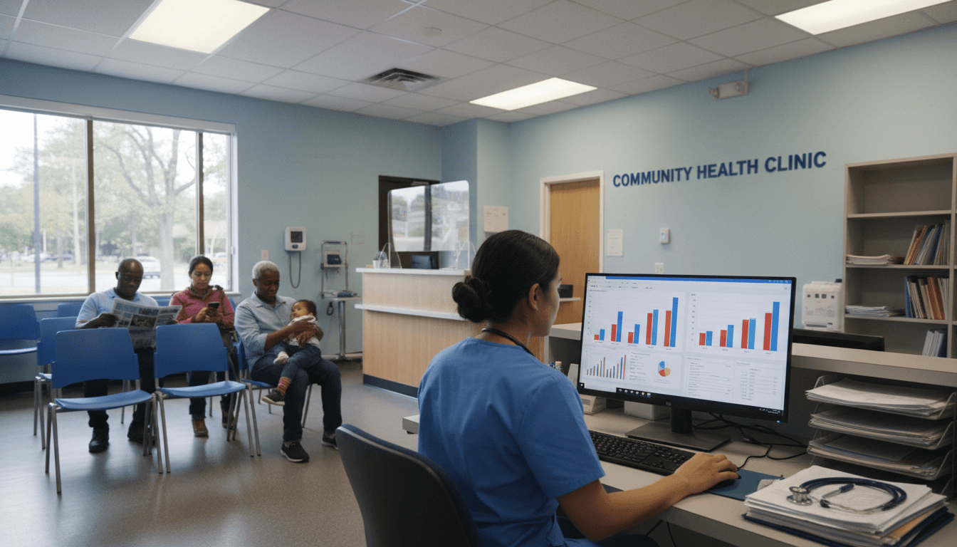 Crowded hospital waiting room at dusk, diverse patients seated along a long corridor while a lone clinician reviews charts under warm overhead lights, documentary photography, shallow depth of field