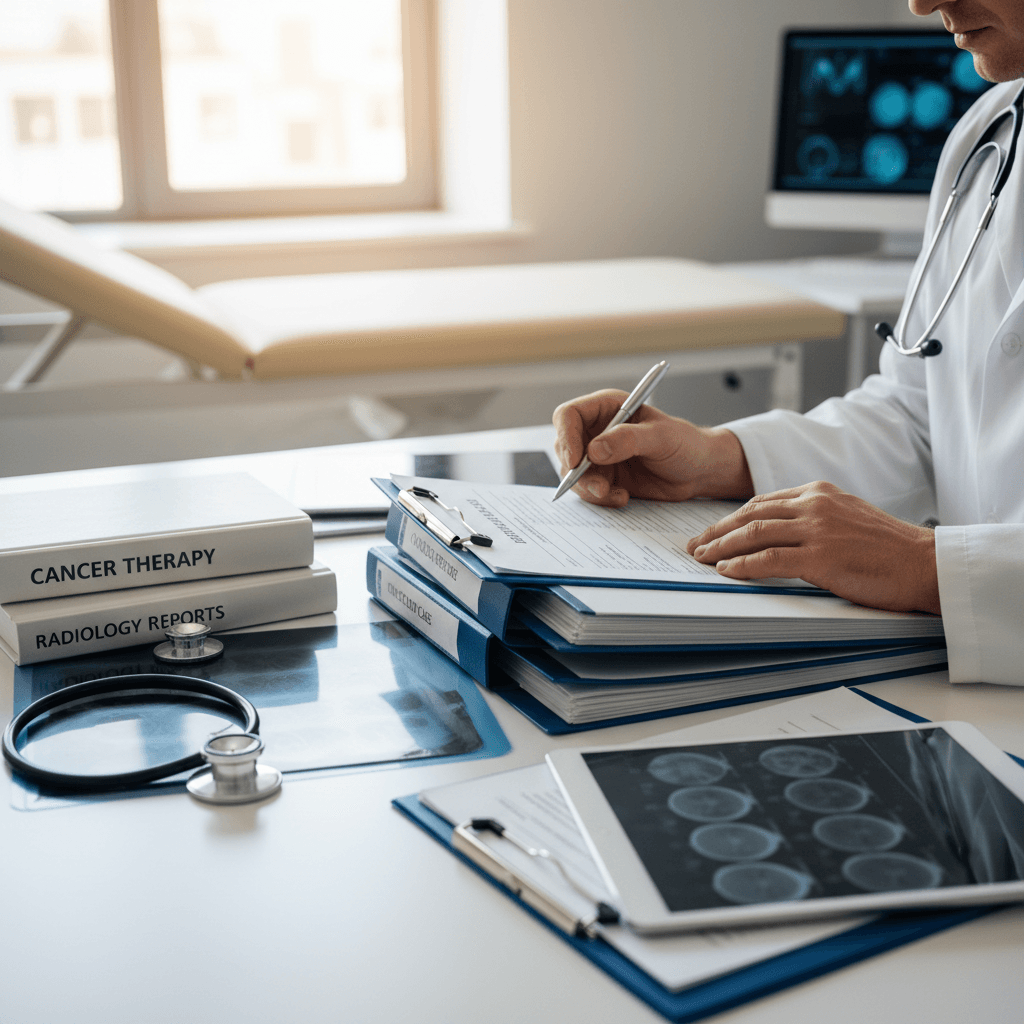 Clinician reviewing a patient chart in a clinic office