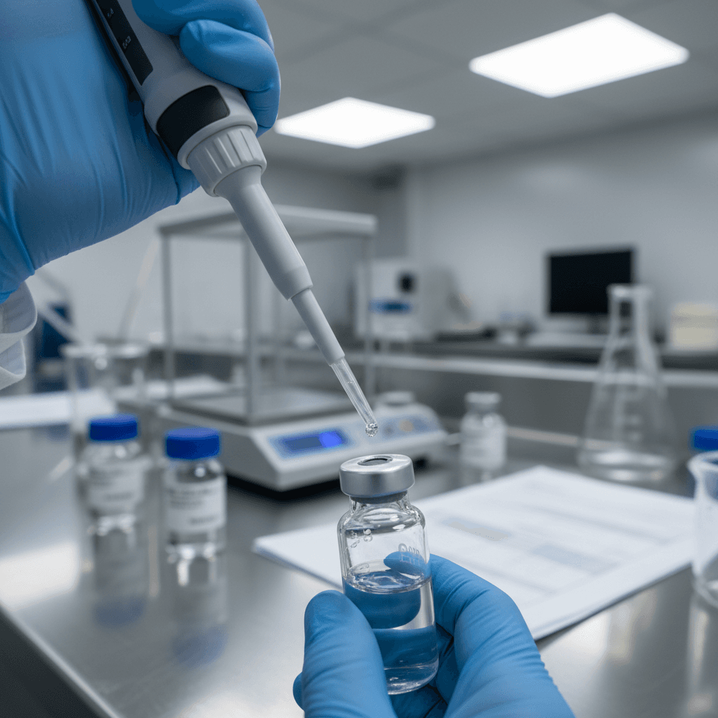 Researcher using a pipette at a molecular biology workstation