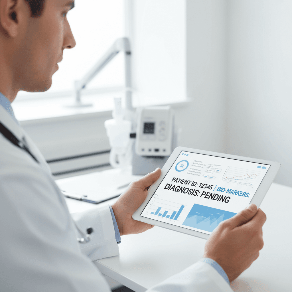 Clinician reviewing medical education materials on a tablet in a bright clinical setting